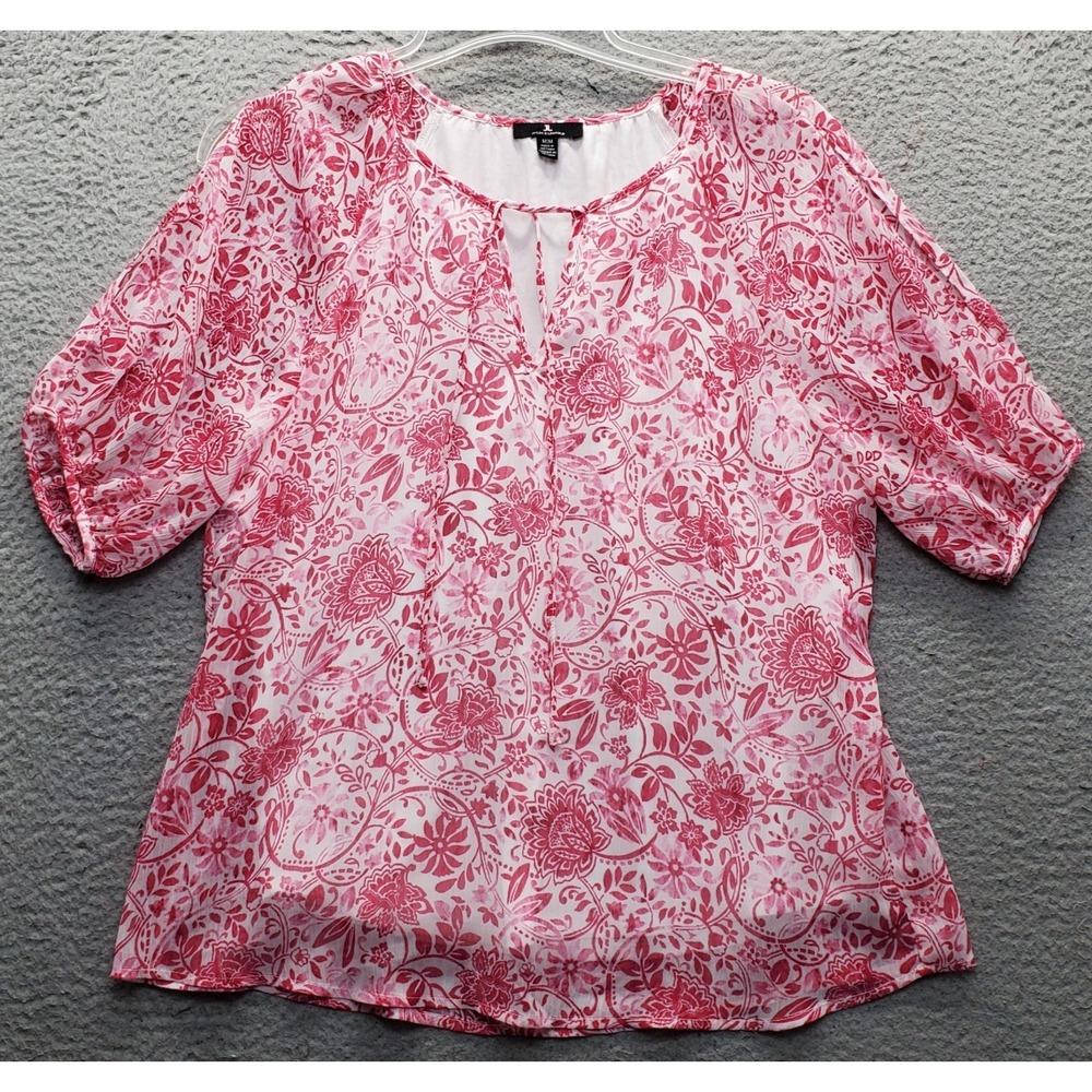 Jules & Leopold Blouse Top Womens Medium Multi Floral Tie Neck Short Sleeve